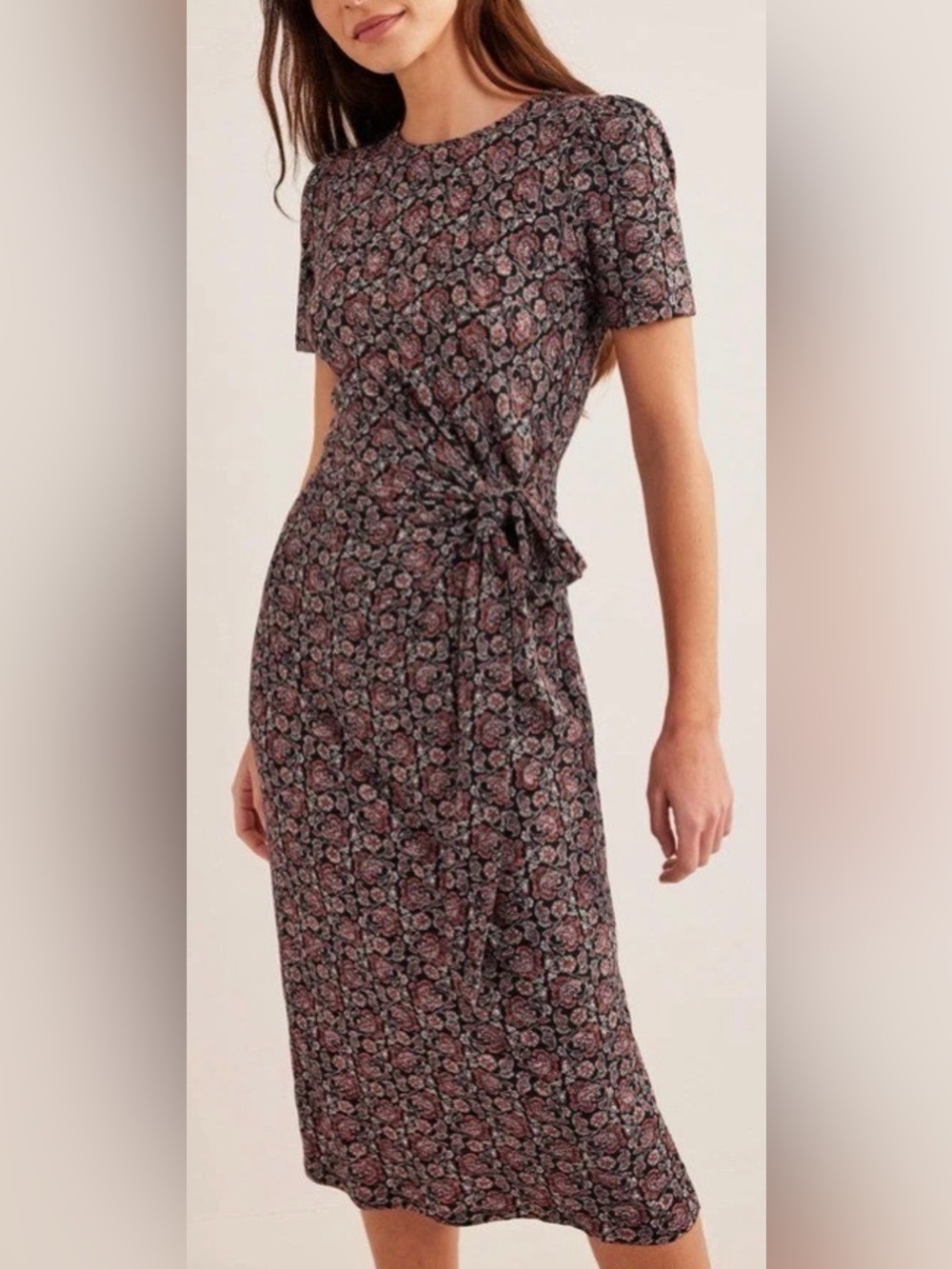 Boden Knot Front Jersey Midi Short Sleeve Dress Block Paisley Print -Black -12R